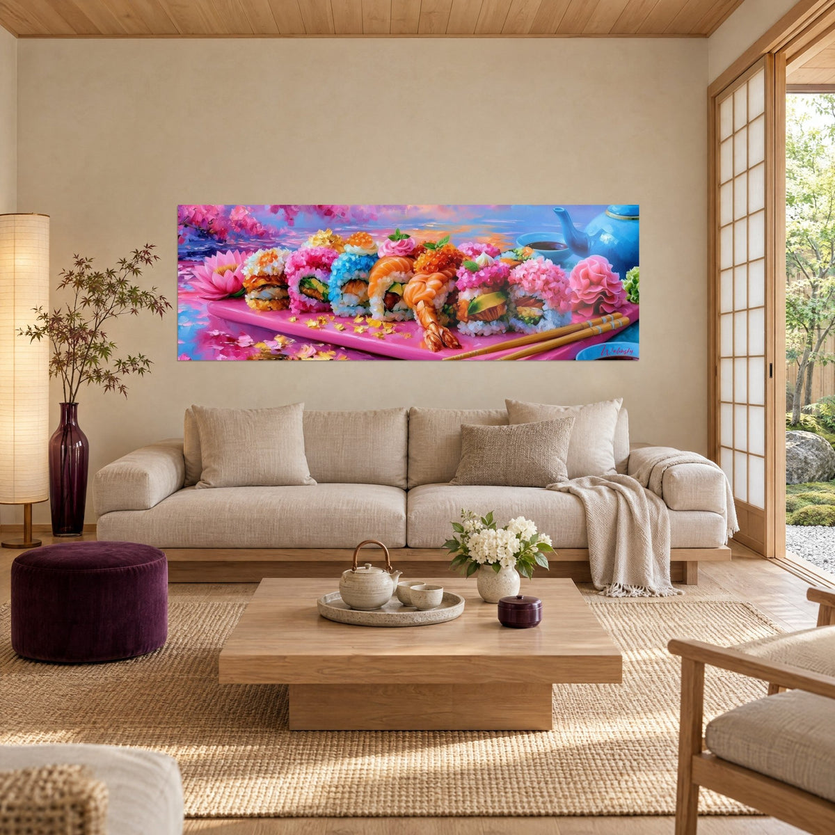 Tableau assortiment de makis fleuris roses et bleus sur plateau rose, théière turquoise, au-dessus d'un canapé dans un salon lumineux