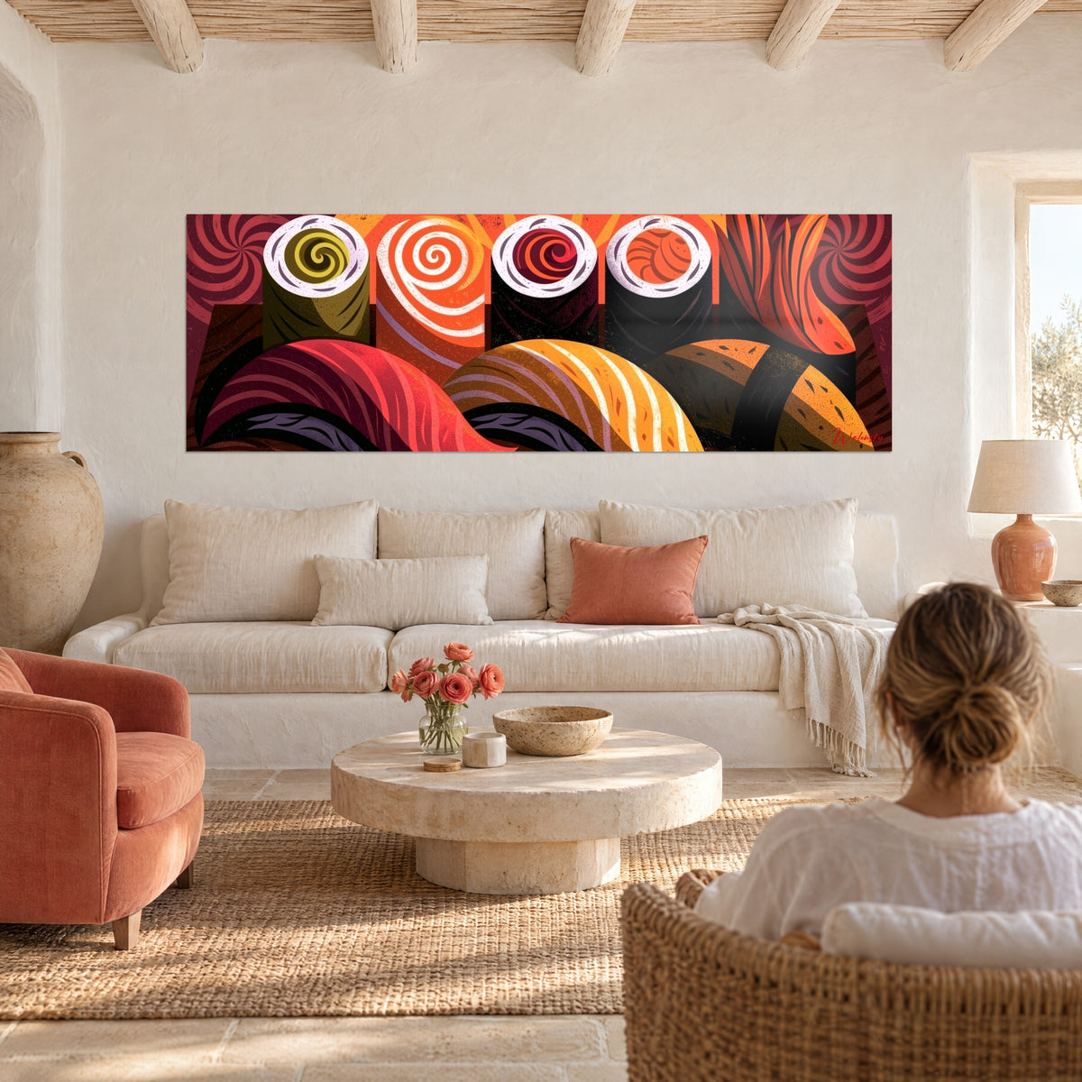 Wall art panoramic sushi with burgundy and orange spirals, stylized maki and nigiri, woman seen from behind, above a sofa in a bright living room