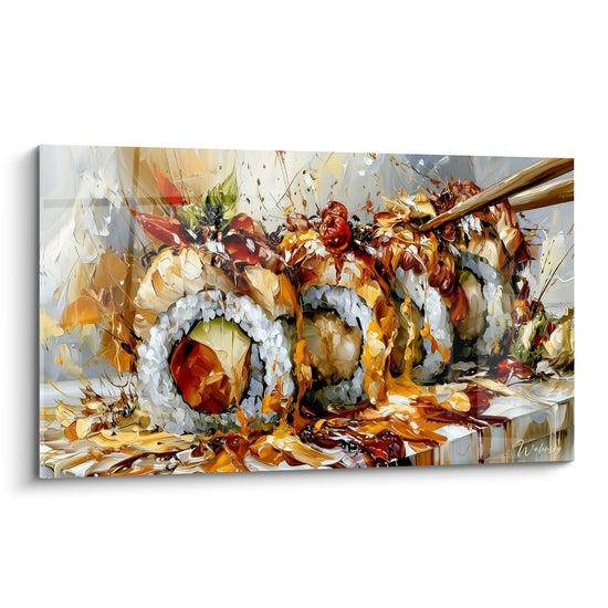 Rouleaux de sushi blancs nappés de sauce ambrée, baguettes en bois, garniture rouge et verte, style expressif