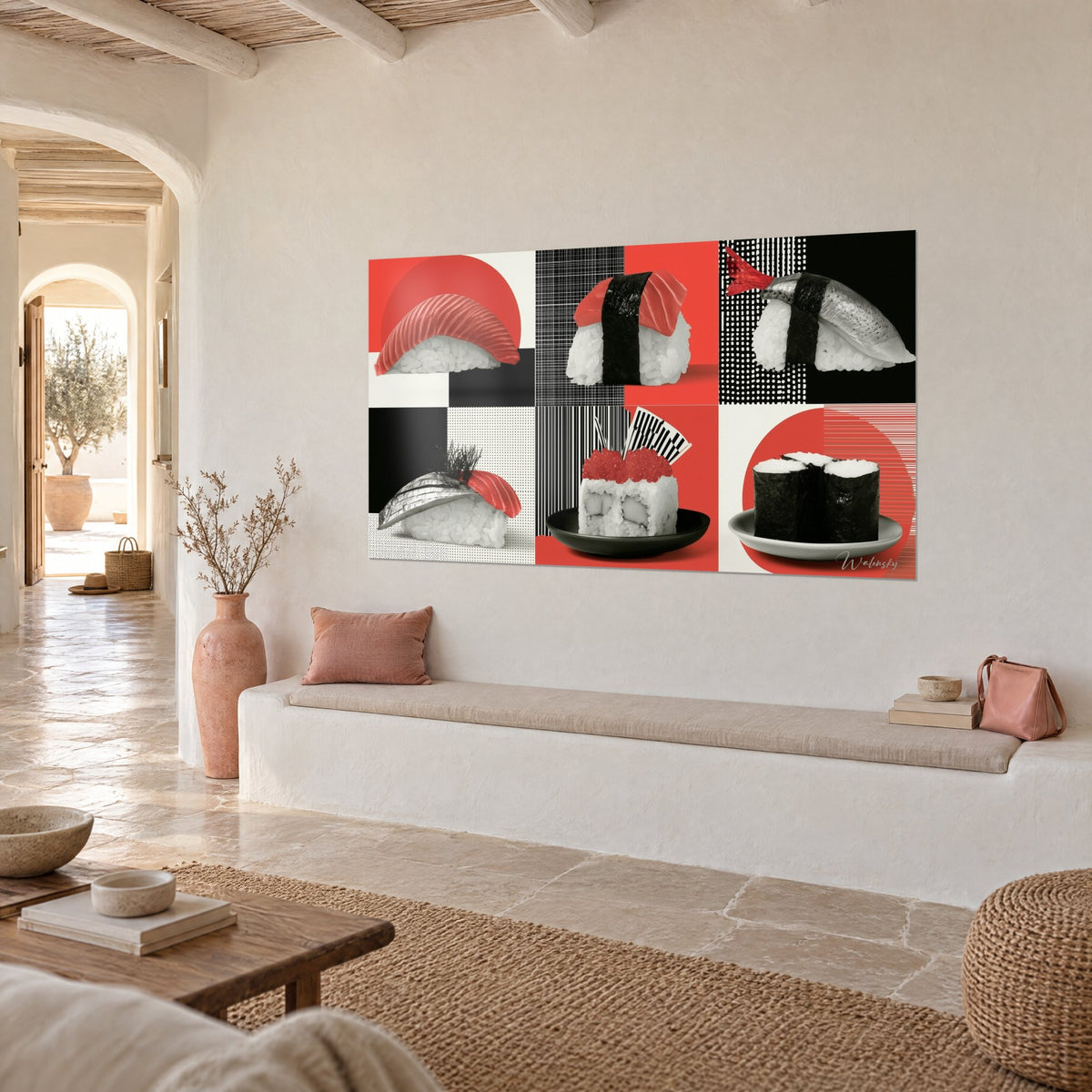 Schilderij grafisch schaakbordsushi, rode zon en zwarte nori op ivoorkleurige achtergrond, gewitkalkte muur van een Mediterraans huis