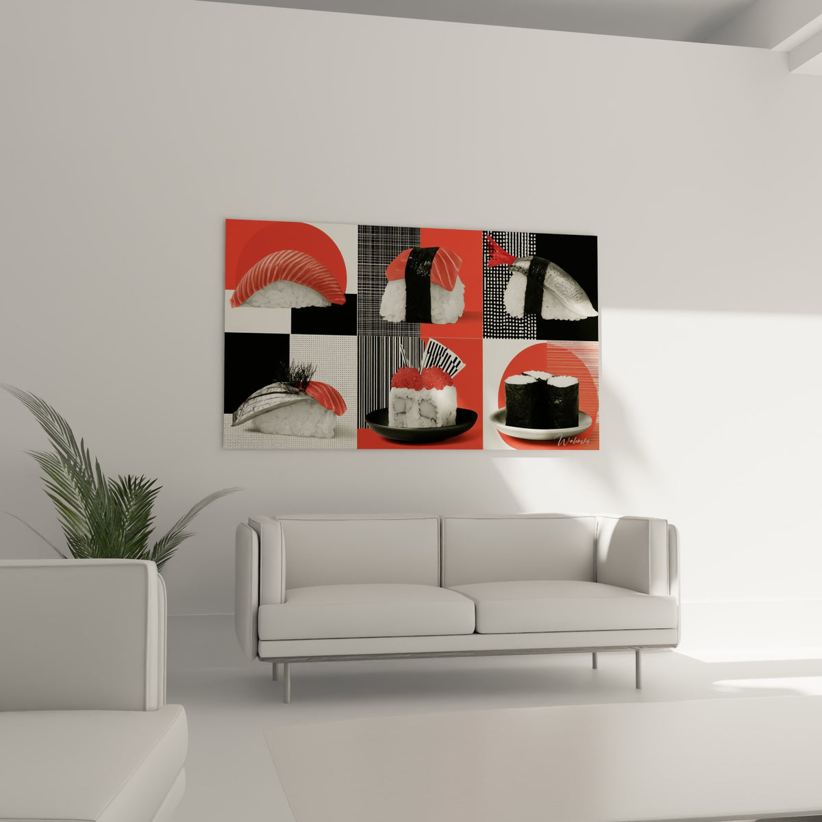Sushi au saumon rose et nori noir structurent ce tableau au-dessus d'un canapé dans un salon lumineux