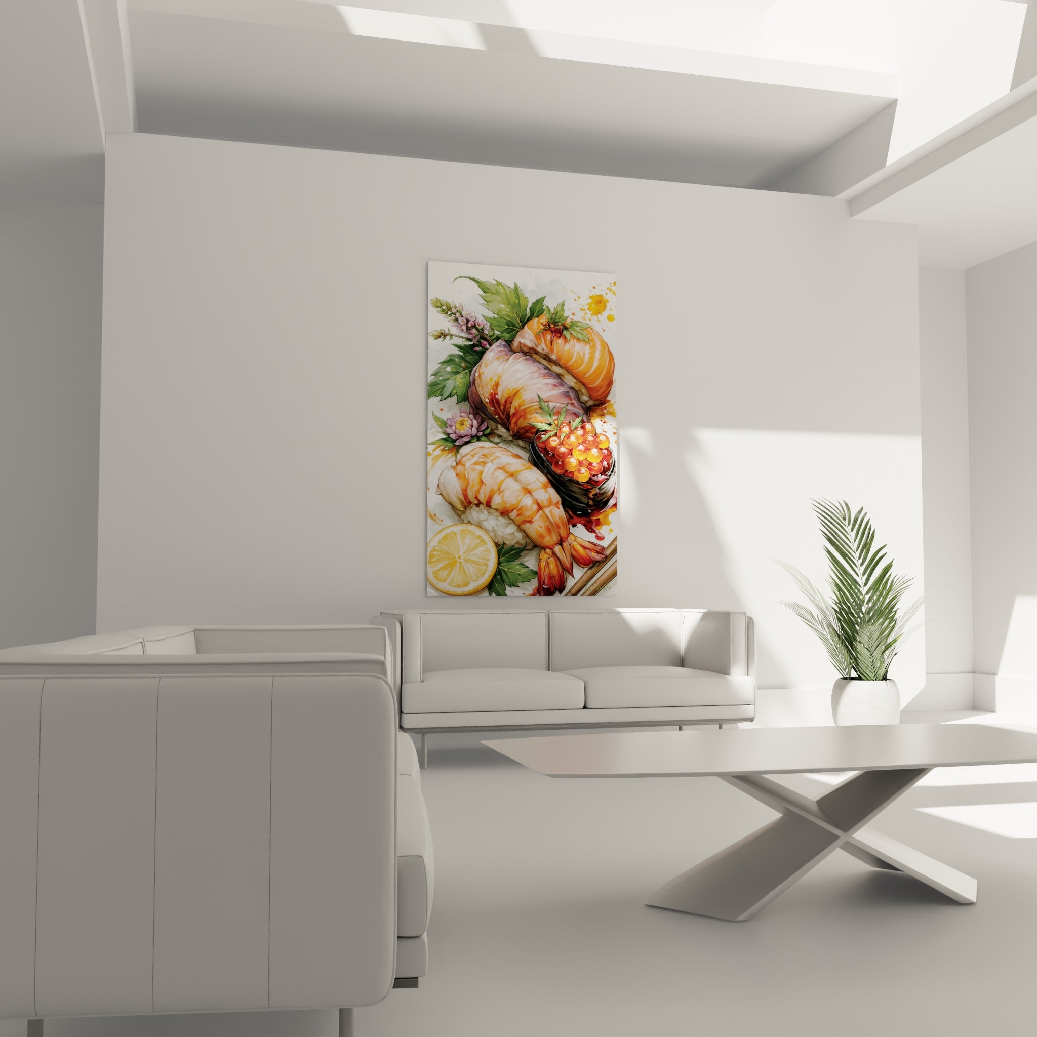 Sashimi saumon et crevette nigiri colorés affichés au-dessus d'un canapé dans un salon lumineux