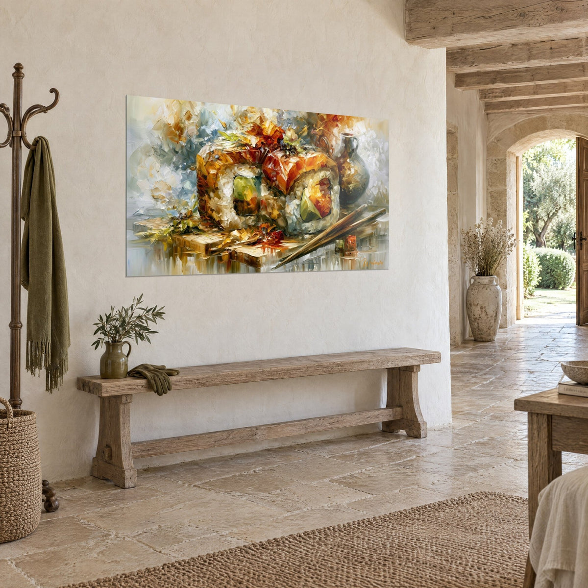 Tableau maki au saumon corail et avocat vert pomme, théière grise en fond, baguettes brunes, mur de pierre et banc en bois, vue de trois-quarts