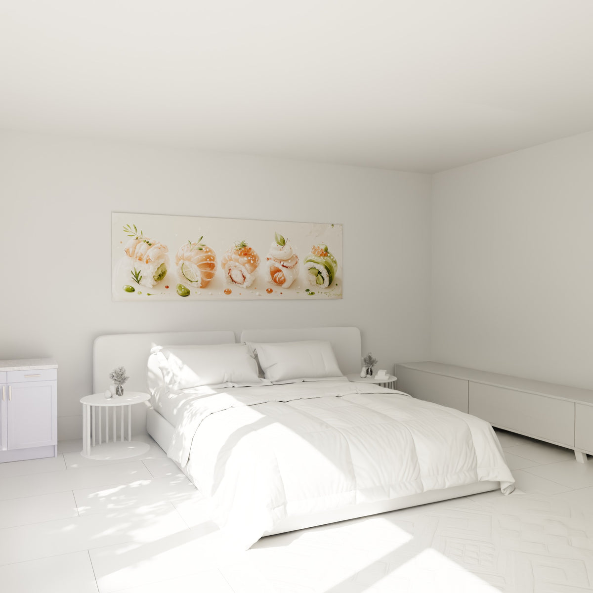 Sushi pêche et vert délicatement peint au-dessus d'un lit dans une chambre claire