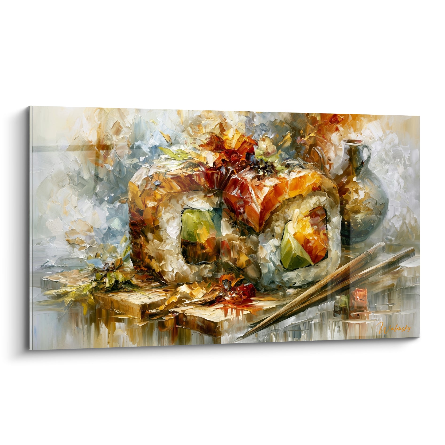 Rouleaux de sushi saumon et avocat aux tons ocre et vert, peinture texturée sur planche de bois