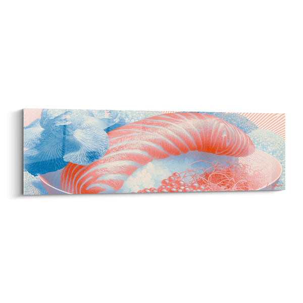 Sashimi Salmon Pink and Blue Curved on Iris Flowers Painting - Orange Fish Eggs - Sushi Edition
