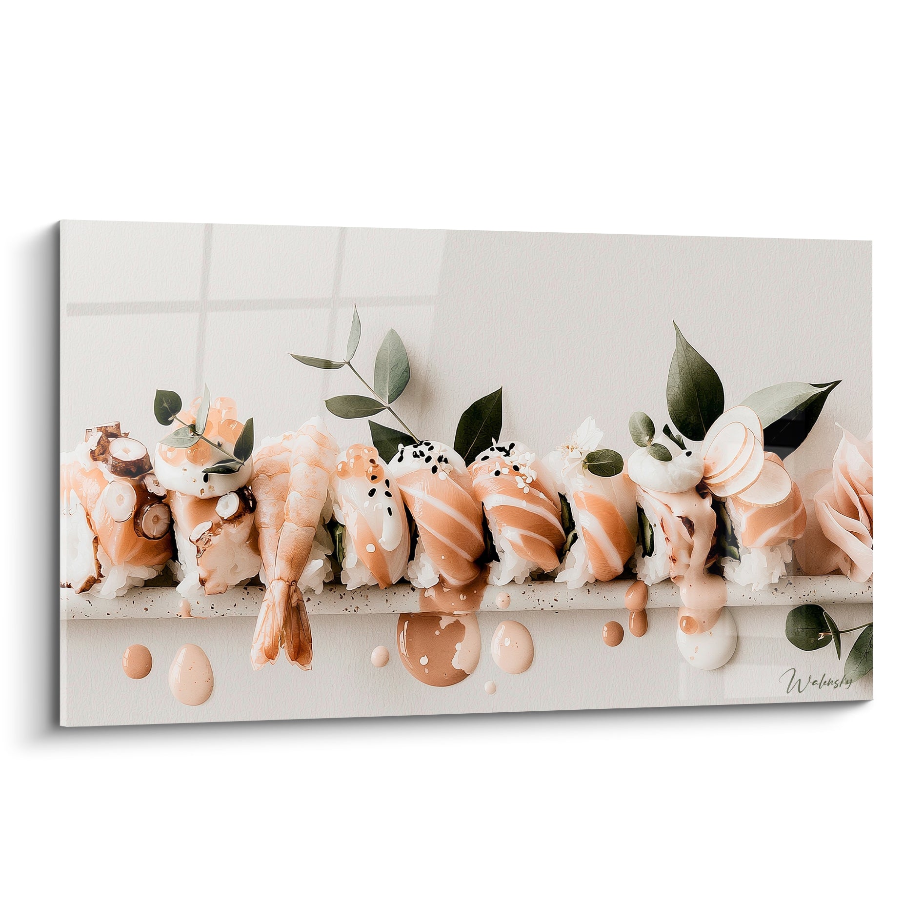 Sushis saumon et crevette alignés sur fond crème, feuilles d'eucalyptus et sauce crémeuse en gouttes