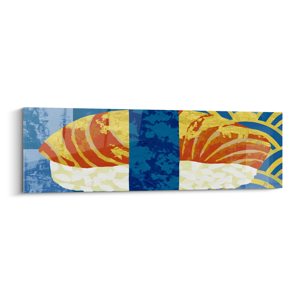 Sushi saumon aux rayures orangées et dorées sur fond bleu marine, style graphique et texturé.