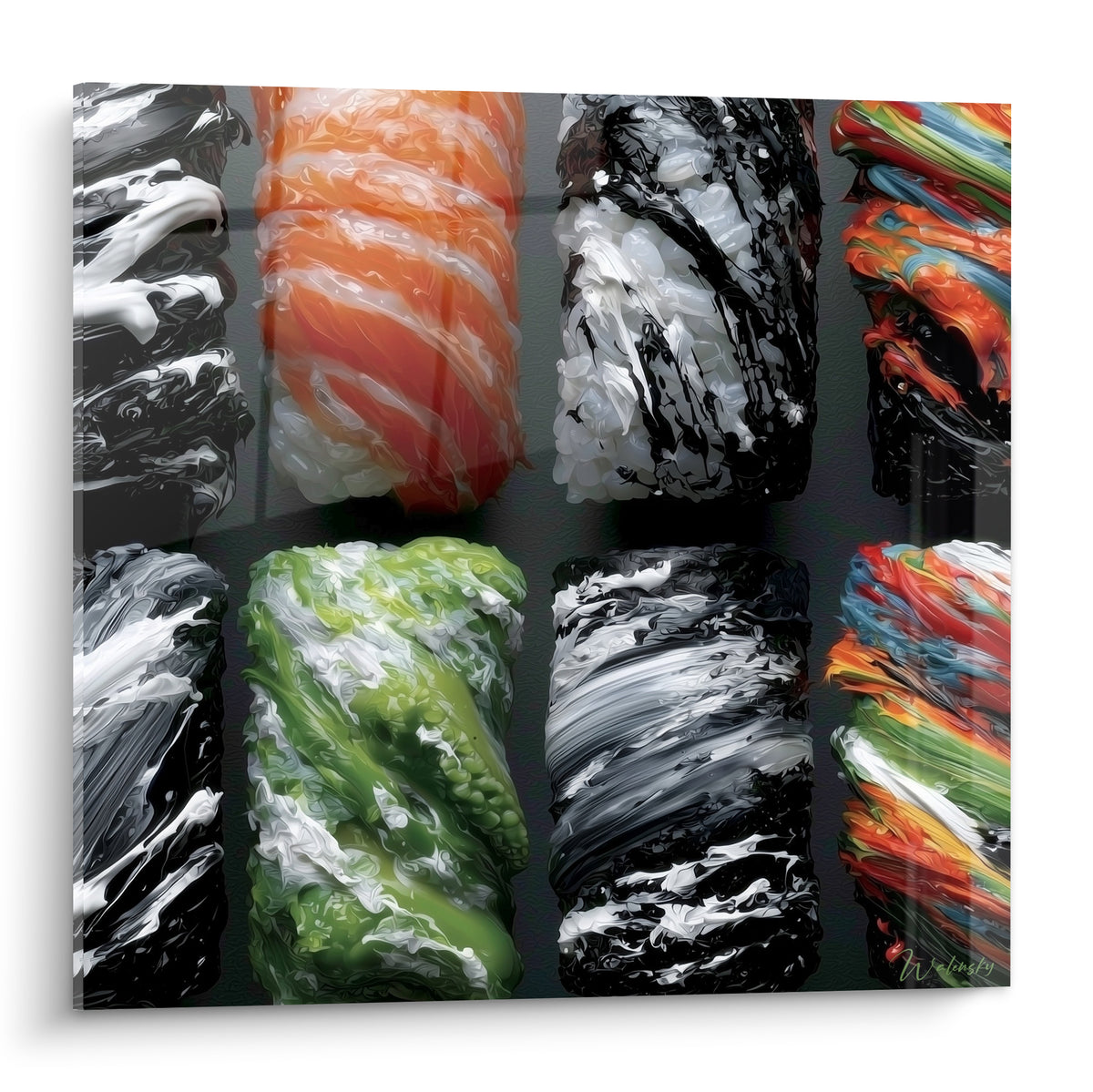 Huit sushis peints en grille, saumon orangé, nori noir et avocat vert texturés