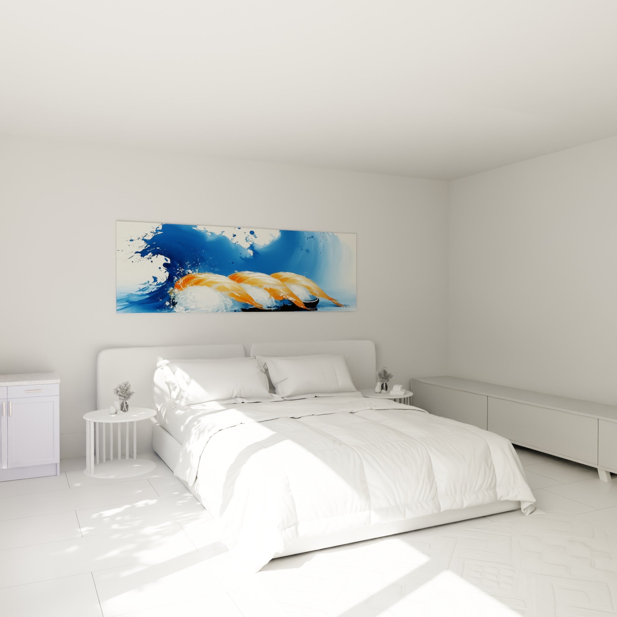Nigiris de saumon orangé et vague bleu marine peints au-dessus d'un lit dans une chambre claire.