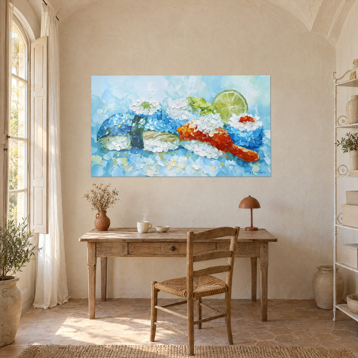 Wall art assorted nigiri with red-orange salmon and white rice, green lime, hung above a light wood desk