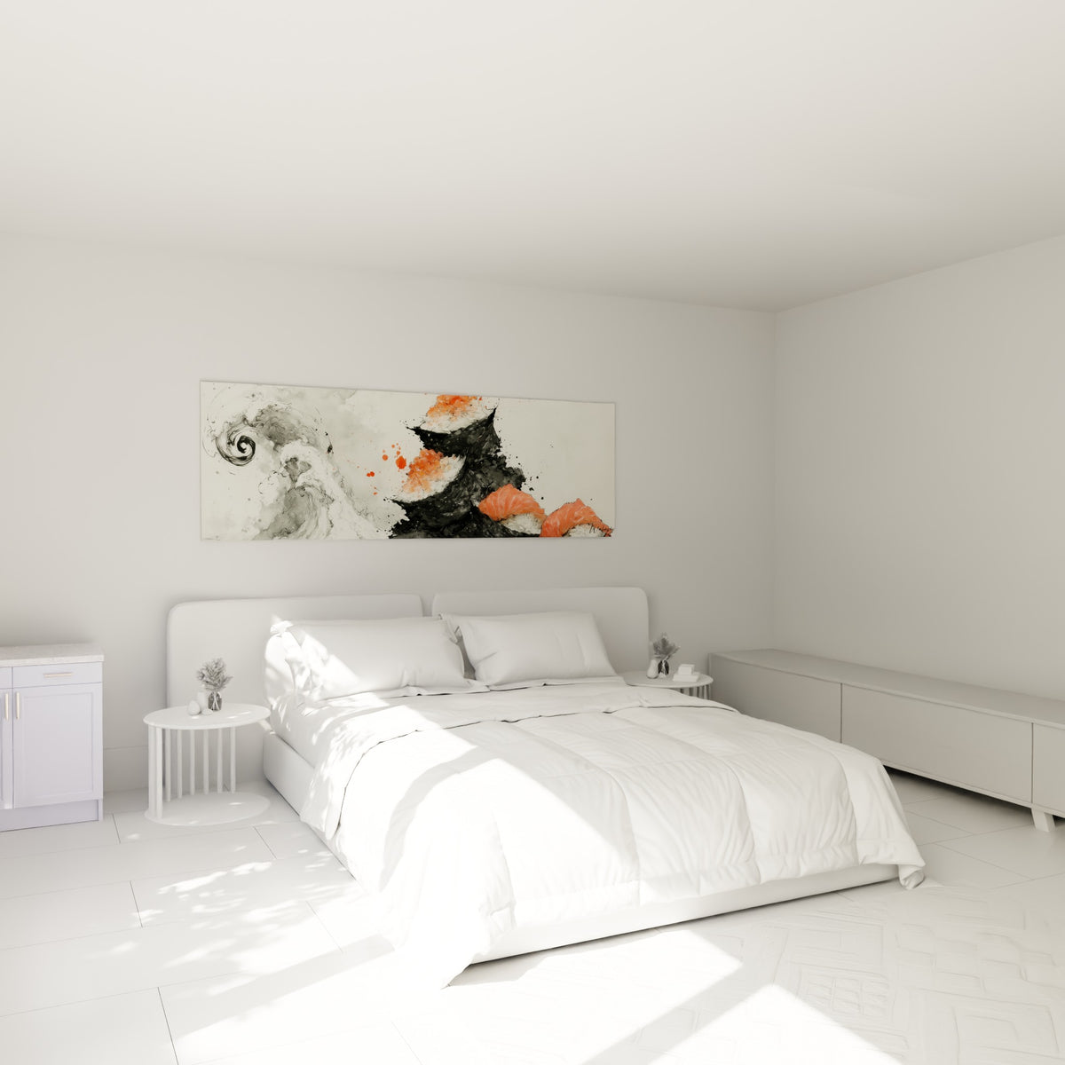 Empilement de sushis noir et orangé au-dessus d'un lit dans une chambre claire