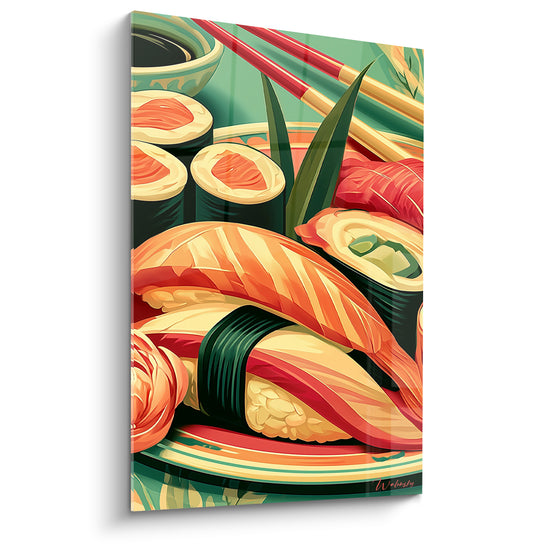 Sushi saumon orangé et makis verts disposés sur fond turquoise avec baguettes rouges rayées