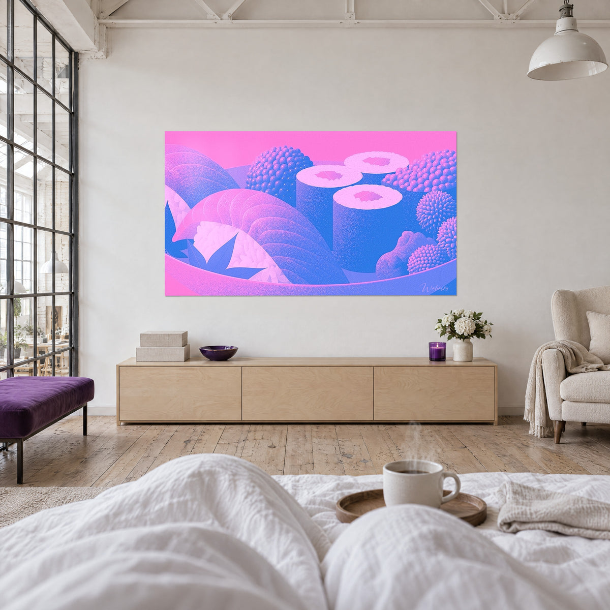 Tableau tranches de saumon et riz stylisés en rose et bleu, face à deux personnes de dos au-dessus d'un lit dans une chambre claire