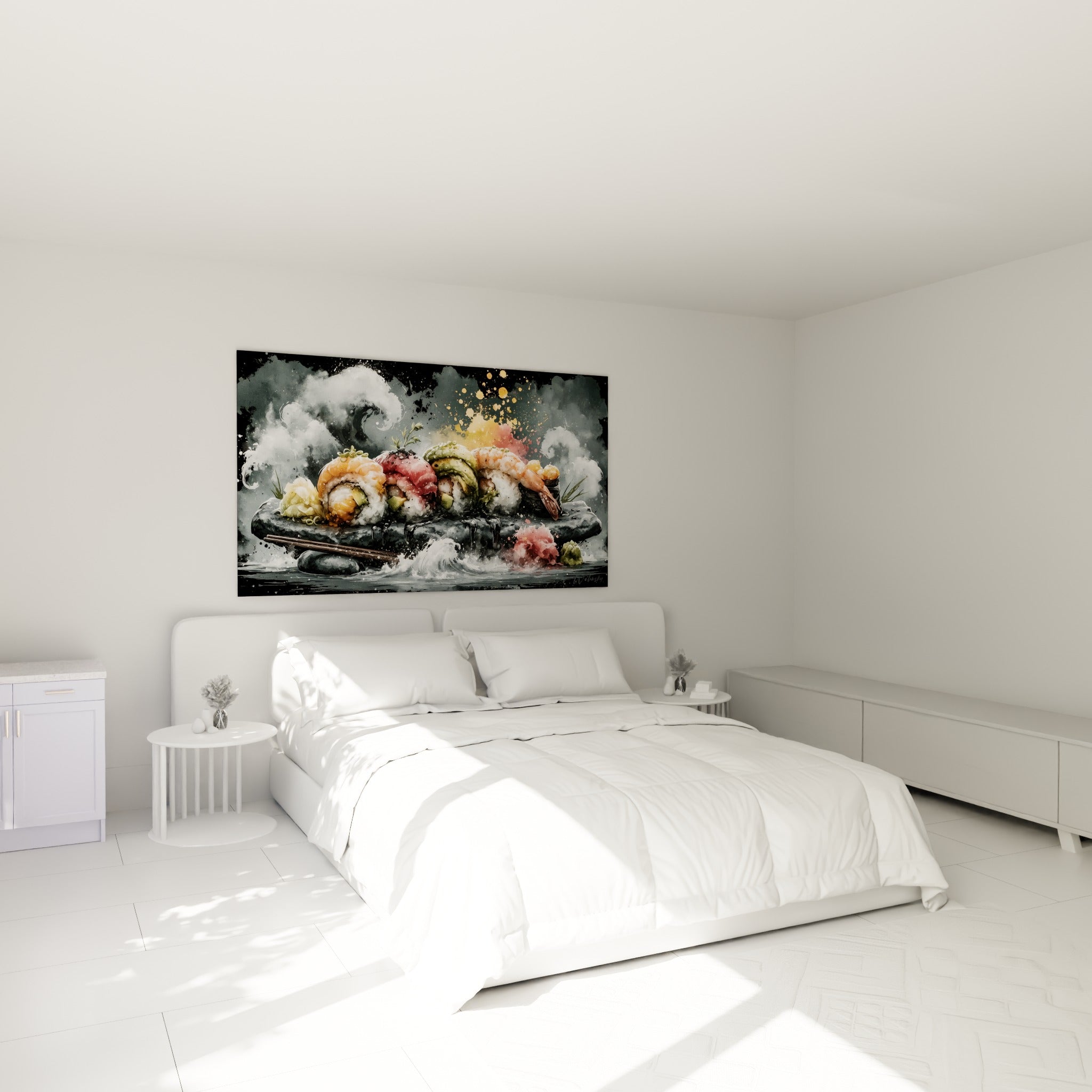 Sushis colorés saumon rose et vert avocat accrochés au-dessus d'un lit dans une chambre claire