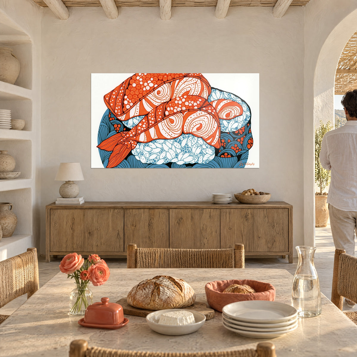Gemälde Garnelen- und Lachs-Gravur mit spiralförmigen Mustern in Orange und Blau, ein Mann von hinten, Holzbuffet und gedeckter Tisch