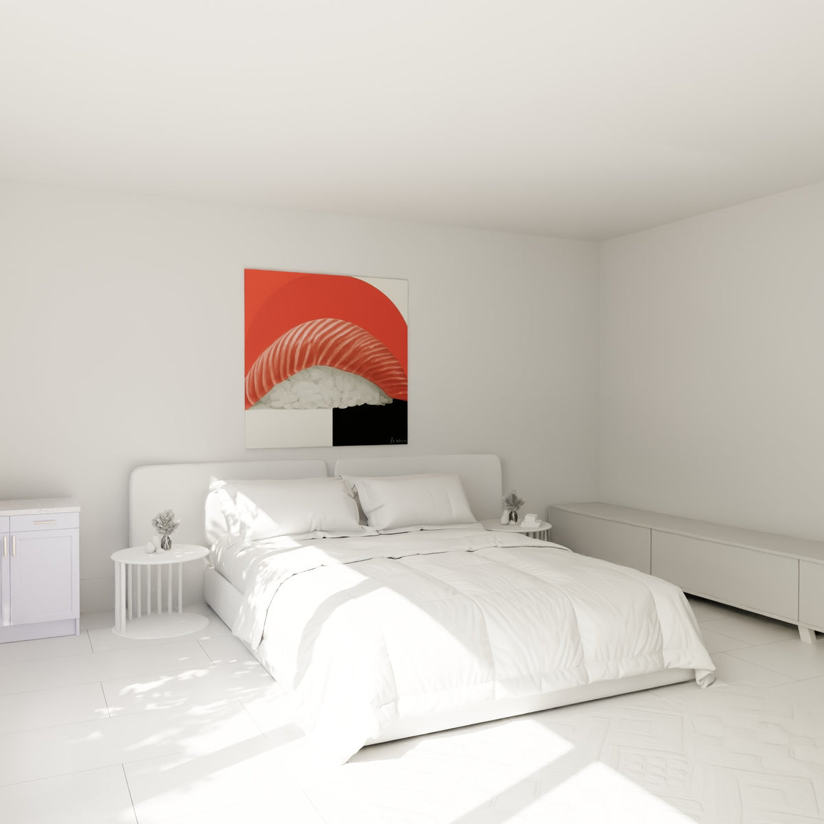 Poisson rouge corail en arc sur riz nacré, accroché au-dessus d'un lit dans une chambre claire
