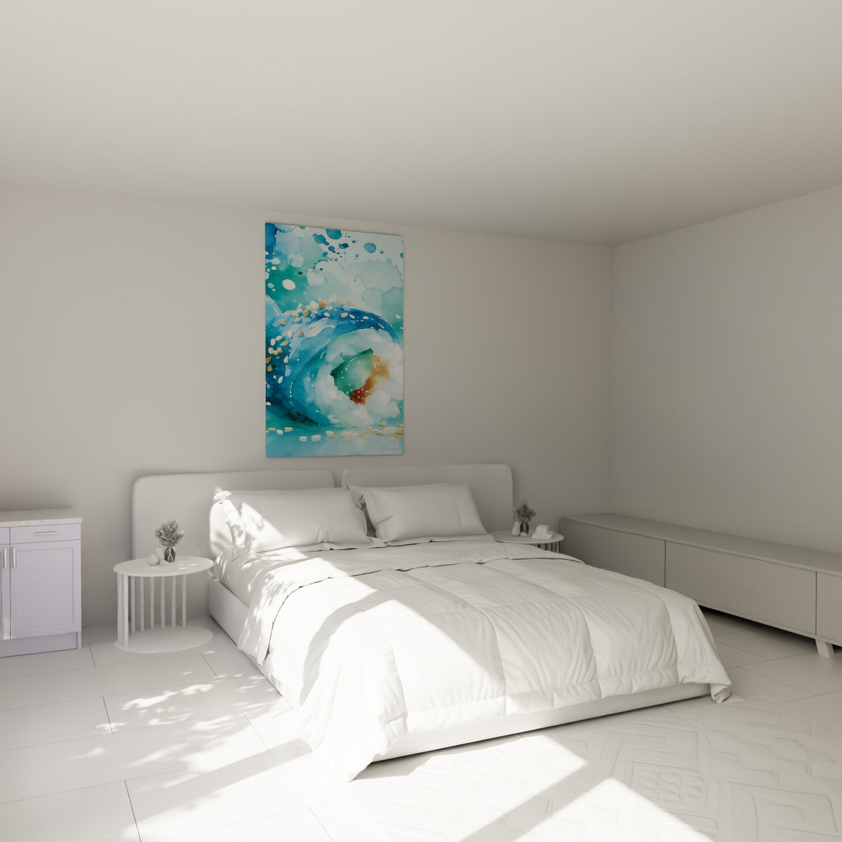 Vague sushi turquoise et ocre suspendue au-dessus d'un lit dans une chambre claire