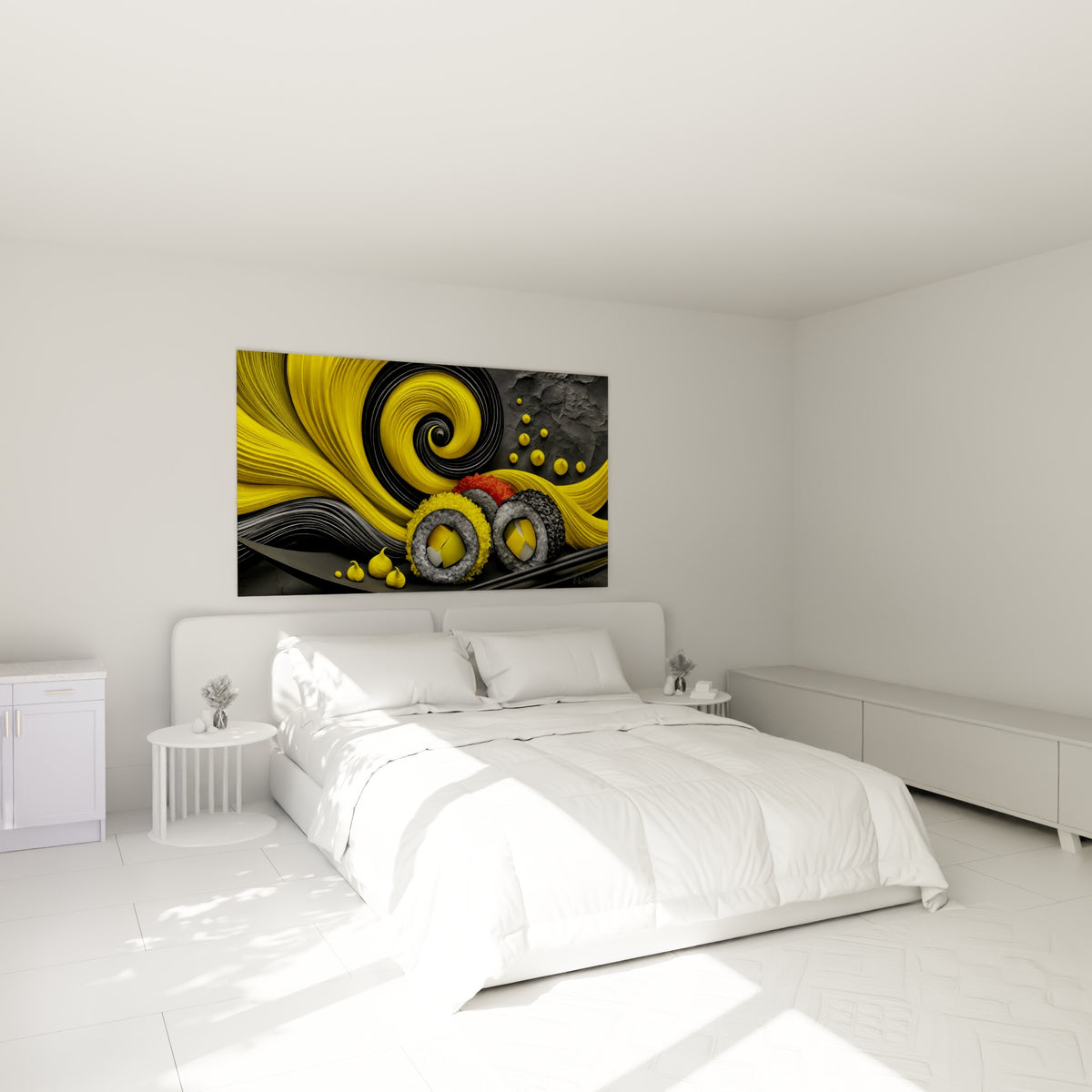 Vagues jaunes et noires entourant des makis colorés, accrochées au-dessus d'un lit dans une chambre claire