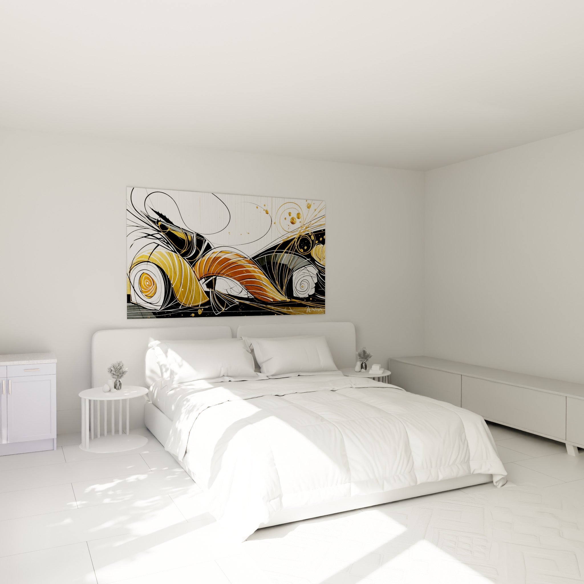 Formes de sushis dorées et anthracite en spirales fluides, accrochées au-dessus d'un lit dans une chambre claire