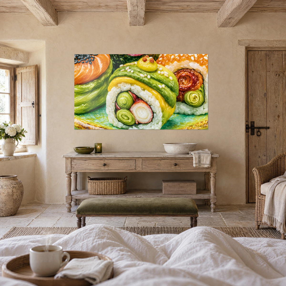 Obraz talerz sushi z roladkami w anyżowej zieleni i szafranowym pomarańczu, ziarnami sezamu, nad łóżkiem w jasnej sypialni