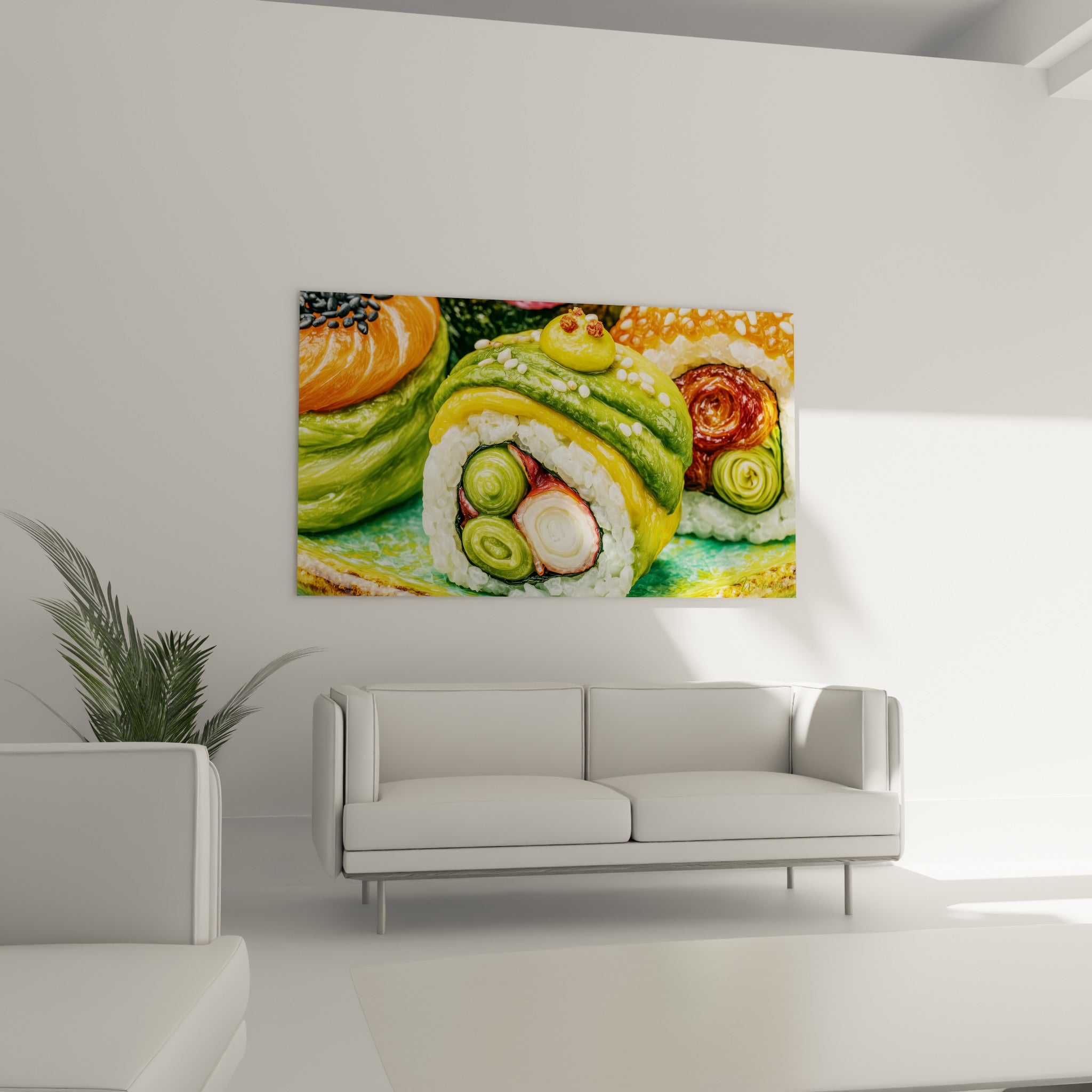 Sushi coloré aux teintes vertes et safran, spirales de légumes visibles, au-dessus d'un canapé dans un salon lumineux