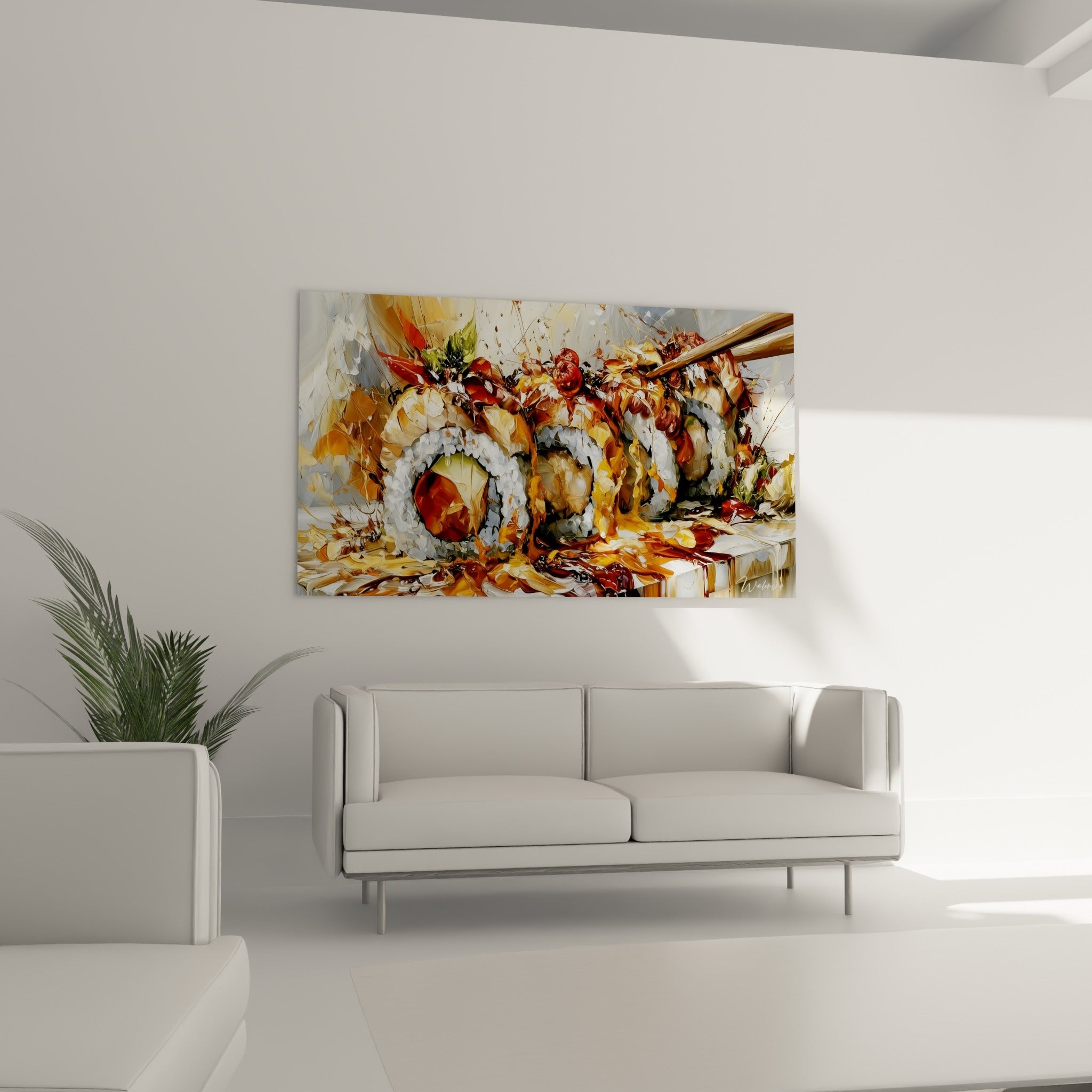 Rouleaux garnis de sauce terracotta et de riz blanc, accroché au-dessus d'un canapé dans un salon lumineux