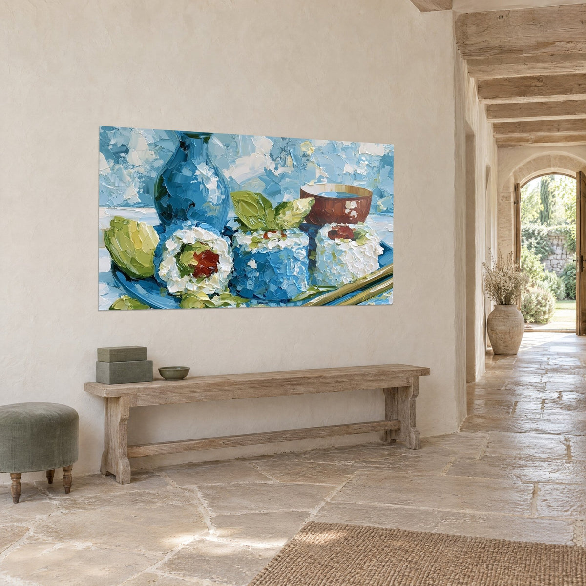 Wall art three rolls of white rice coated in azure blue, red salmon and green leaves, hung in a stone hallway