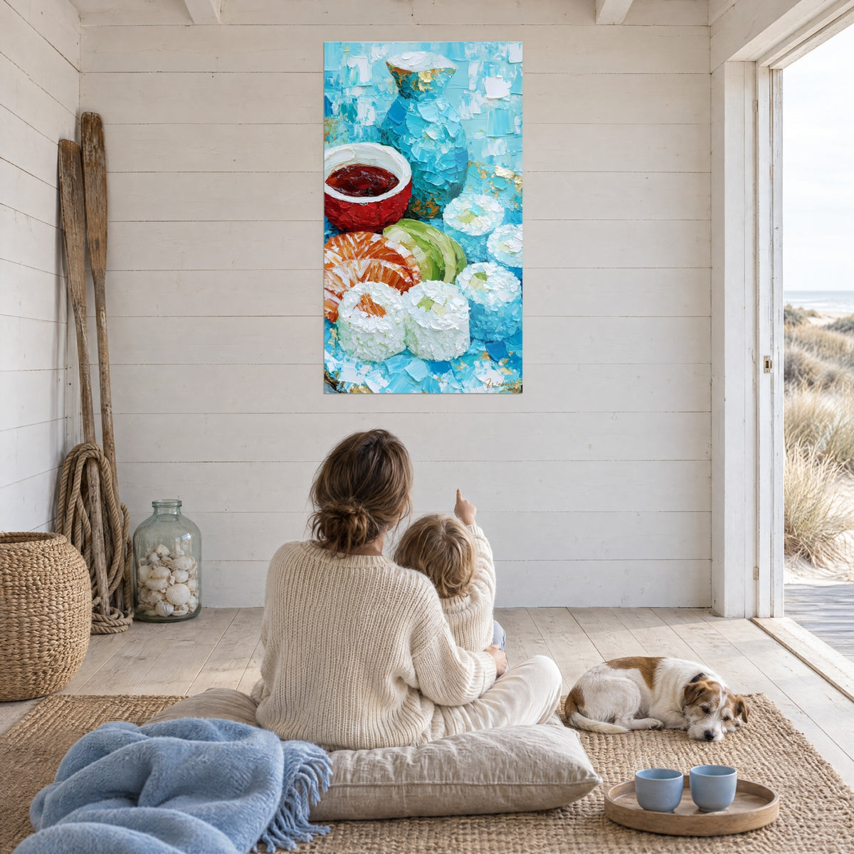 Wall art of embossed sushi in cherry red, pearly white and turquoise, facing a young mother, her child and a terrier