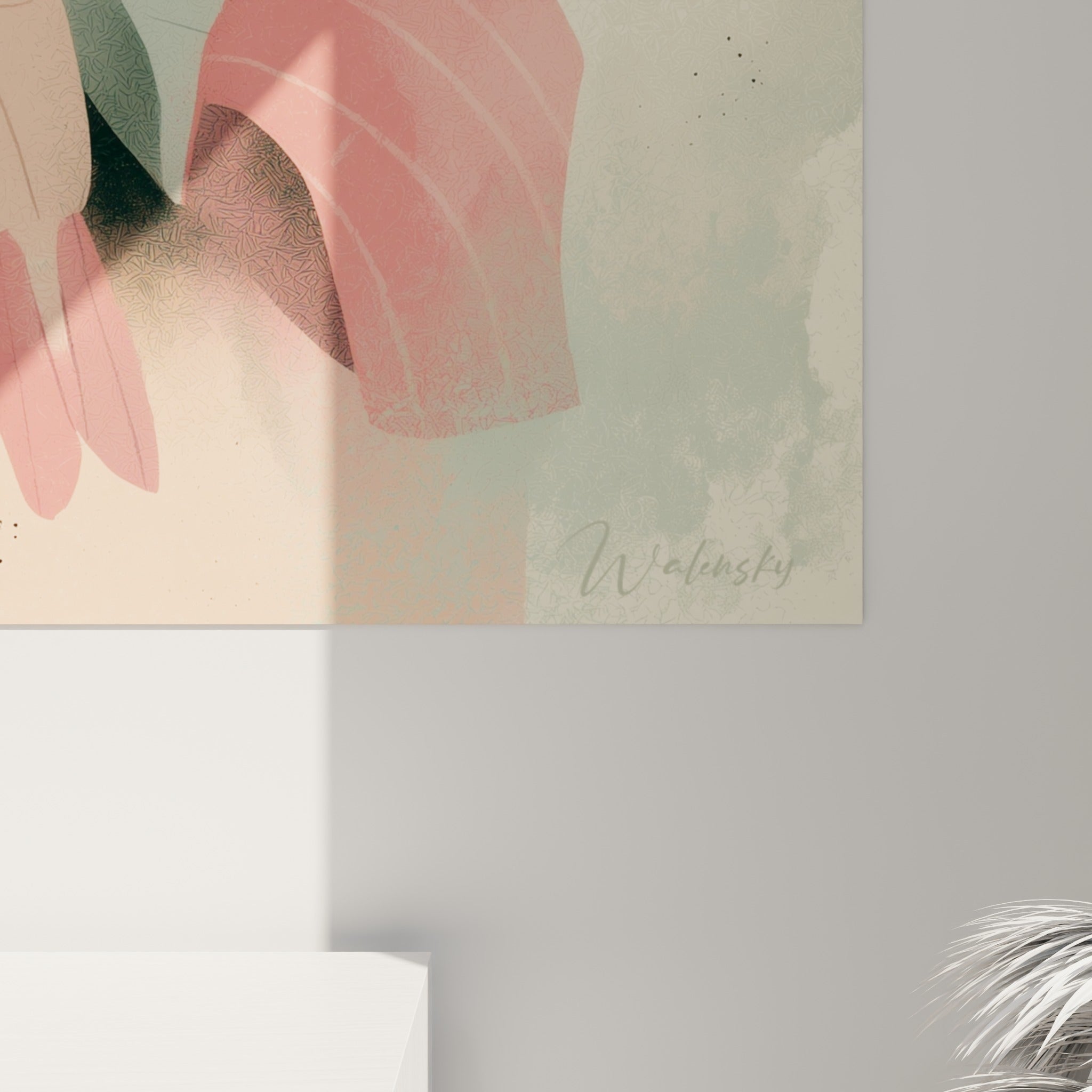 Grain de la toile révélant les nuances corail, sauge et crème des formes graphiques du tableau sushi