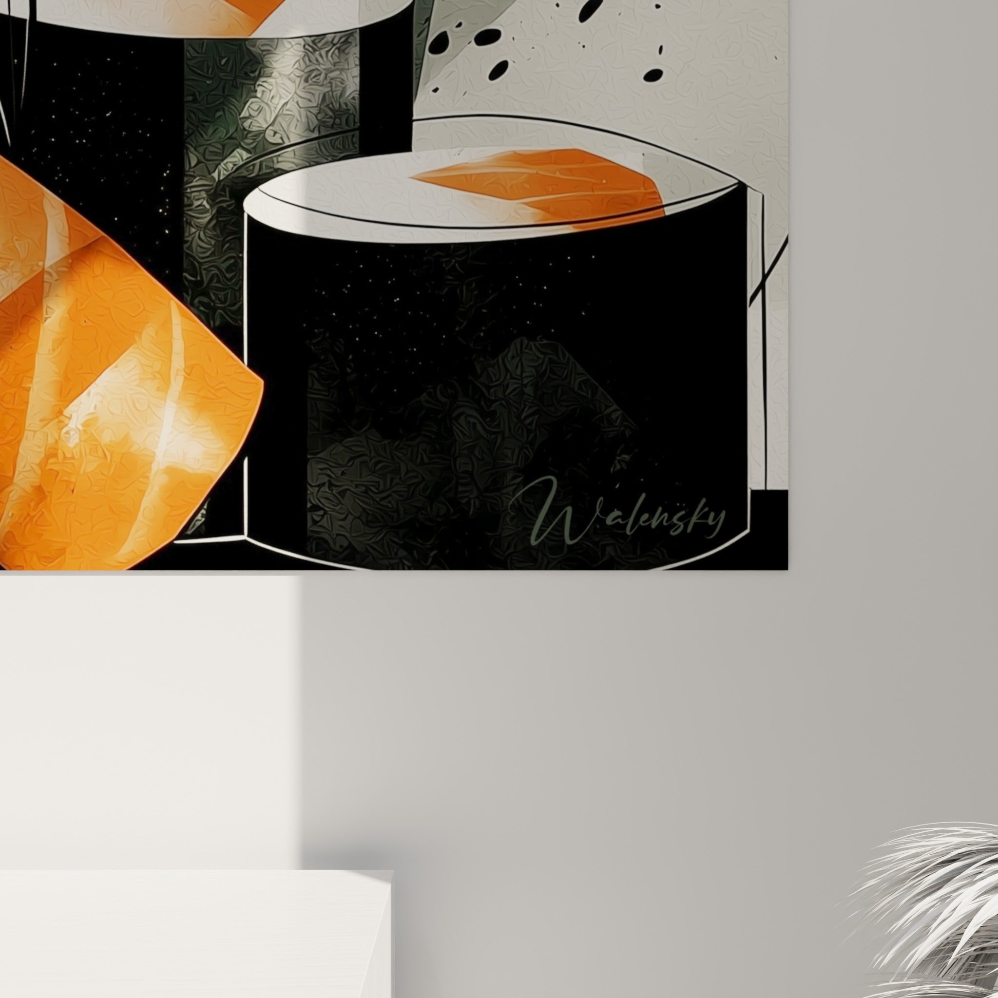 Empâtements et coulures d'encre visibles sur les cercles noirs et les touches orange du tableau sushi