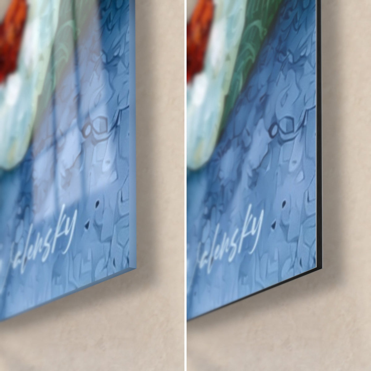 Tableau sushis rouge corail, coin bas droit : verre acrylique brillant à gauche, alu Dibond bleu mat à droite, tranche de 3 mm
