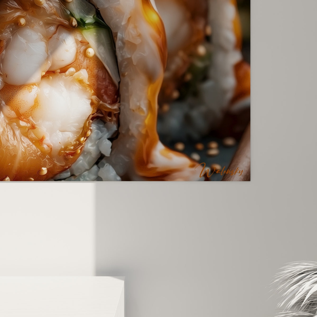 Empâtements de riz blanc et coulures de sauce dorée visibles sur cette impression de sushi détaillée