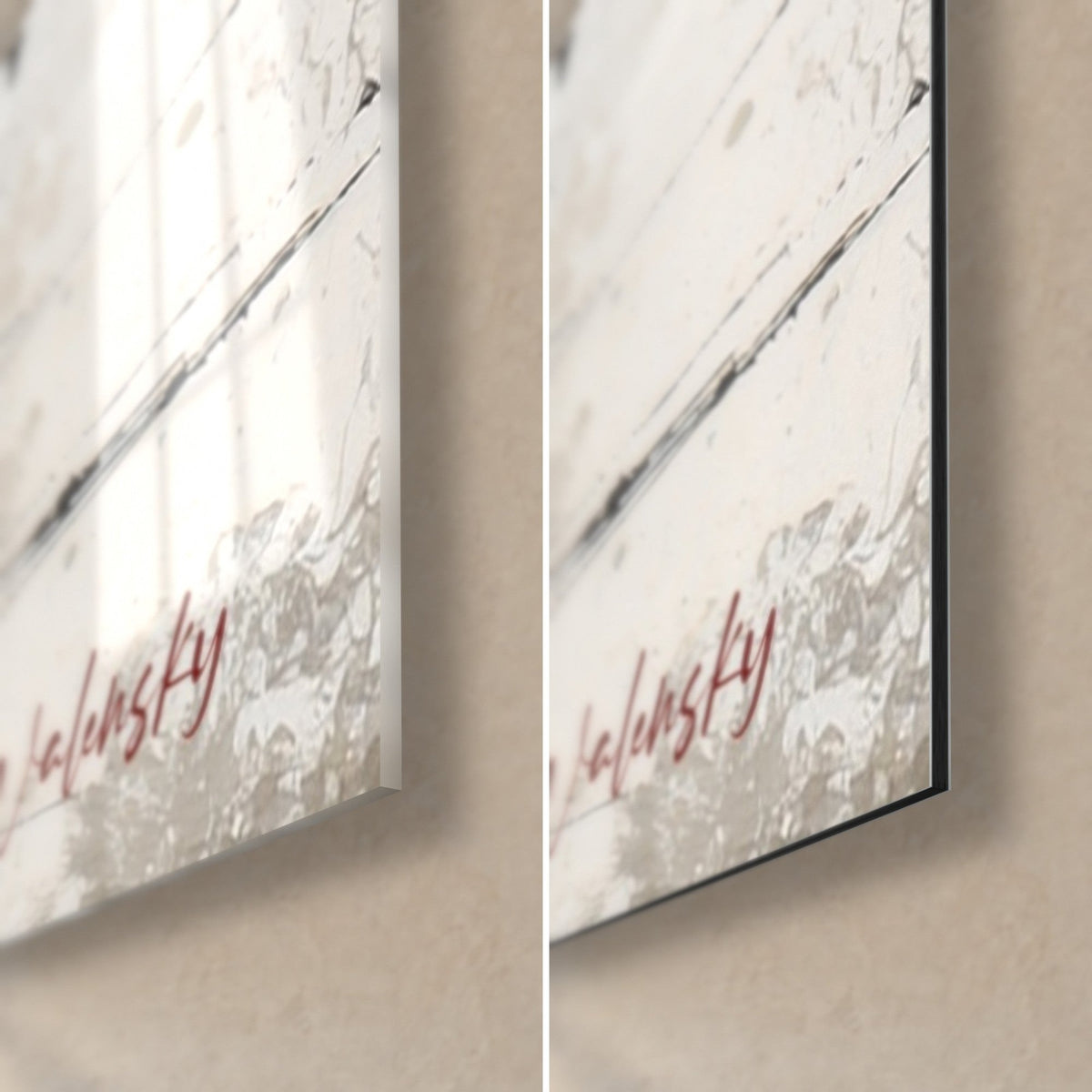 Wall art painted sushi, bottom right corner signed Walensky in red: glossy acrylic glass on the left, matte black Dibond on the right