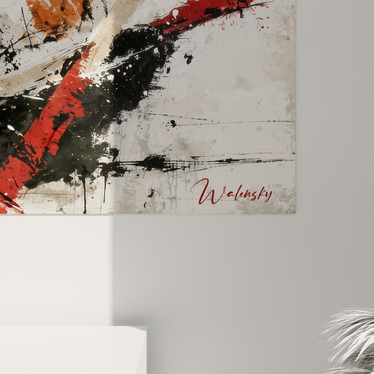 Empâtements rouges et noirs se mêlant aux touches blanches sur la surface picturale du tableau sushi