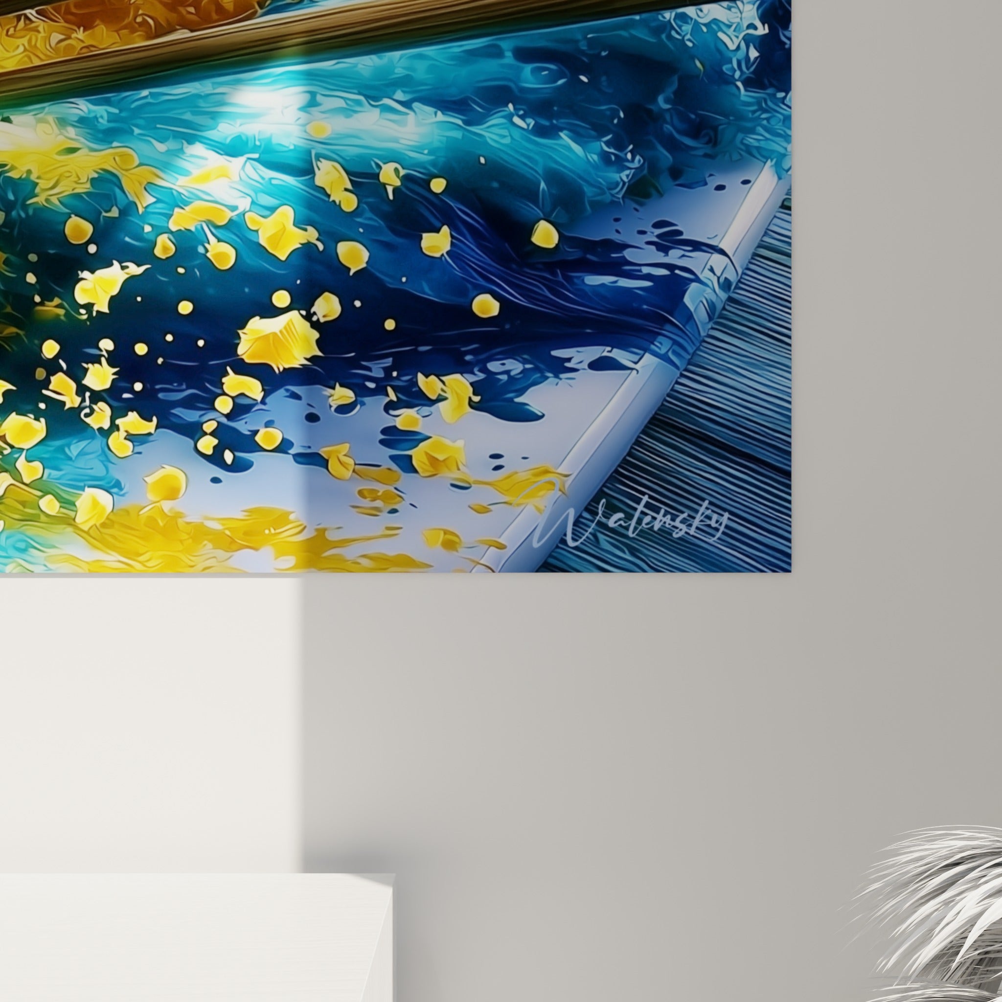 Grain pictural rapproché des sushis bleu turquoise et doré, empâtements et coulures visibles sur la toile