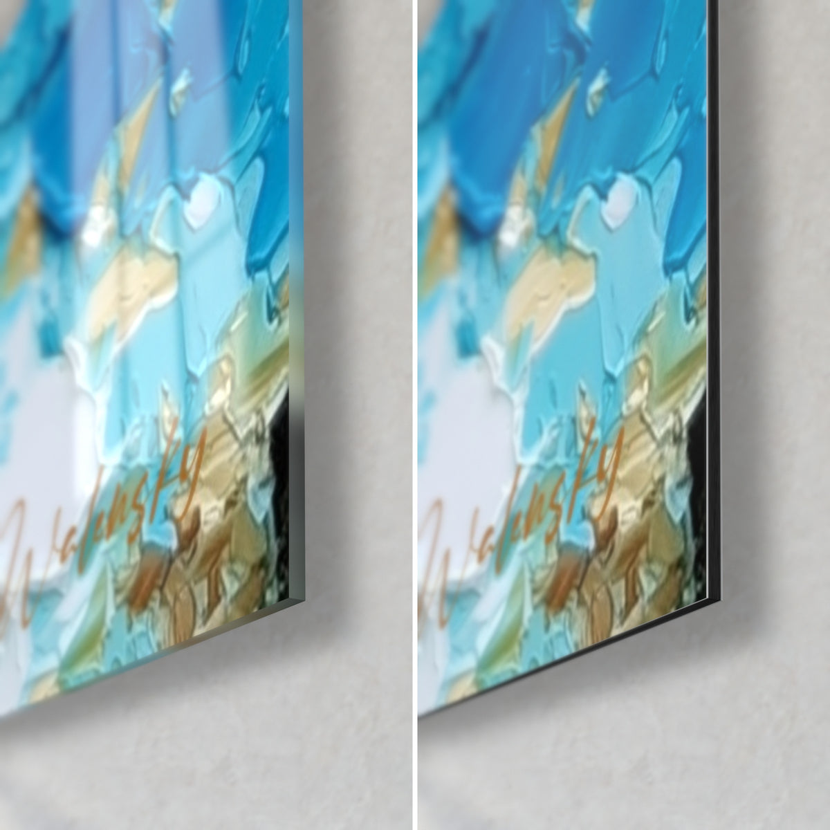 Wall art of a turquoise sake carafe with gold touches, bottom right corner, glossy acrylic glass on the left and matte Dibond on the right