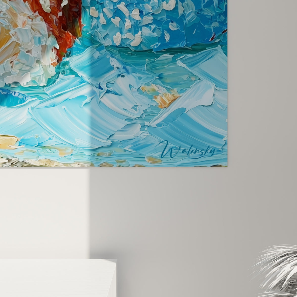 Empâtements de peinture bleu turquoise et rouge sésame révélant le grain épais des makis en gros plan