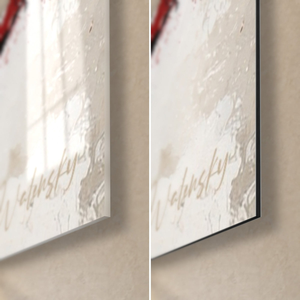 Tableau sushi noir et orange, coin bas droit : signature beige sur verre brillant à gauche, alu Dibond mat à droite