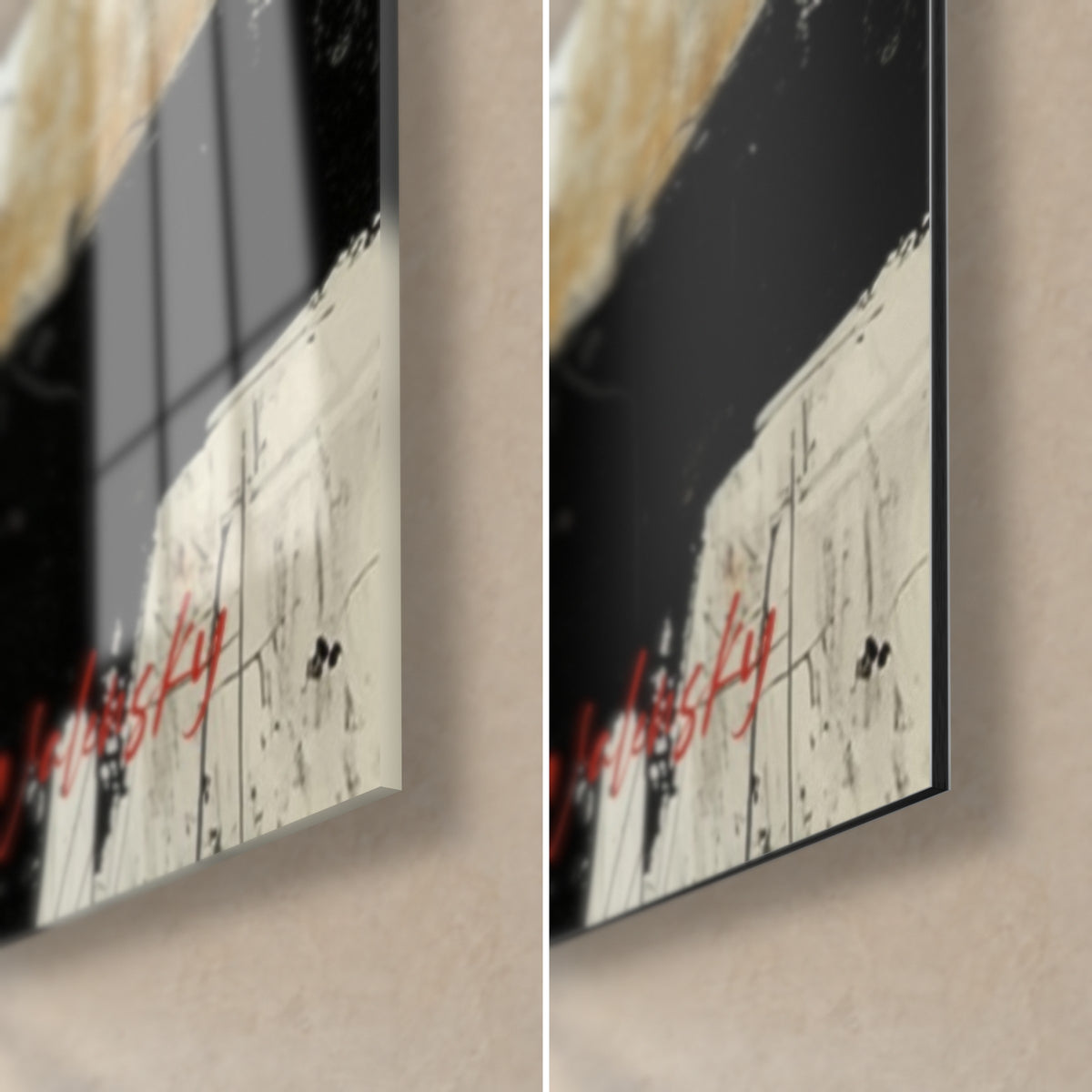Schilderij van sushi in zwarte inkt en felrood, rechtsonder de rode handtekening, glanzend glas links en mat Dibond rechts