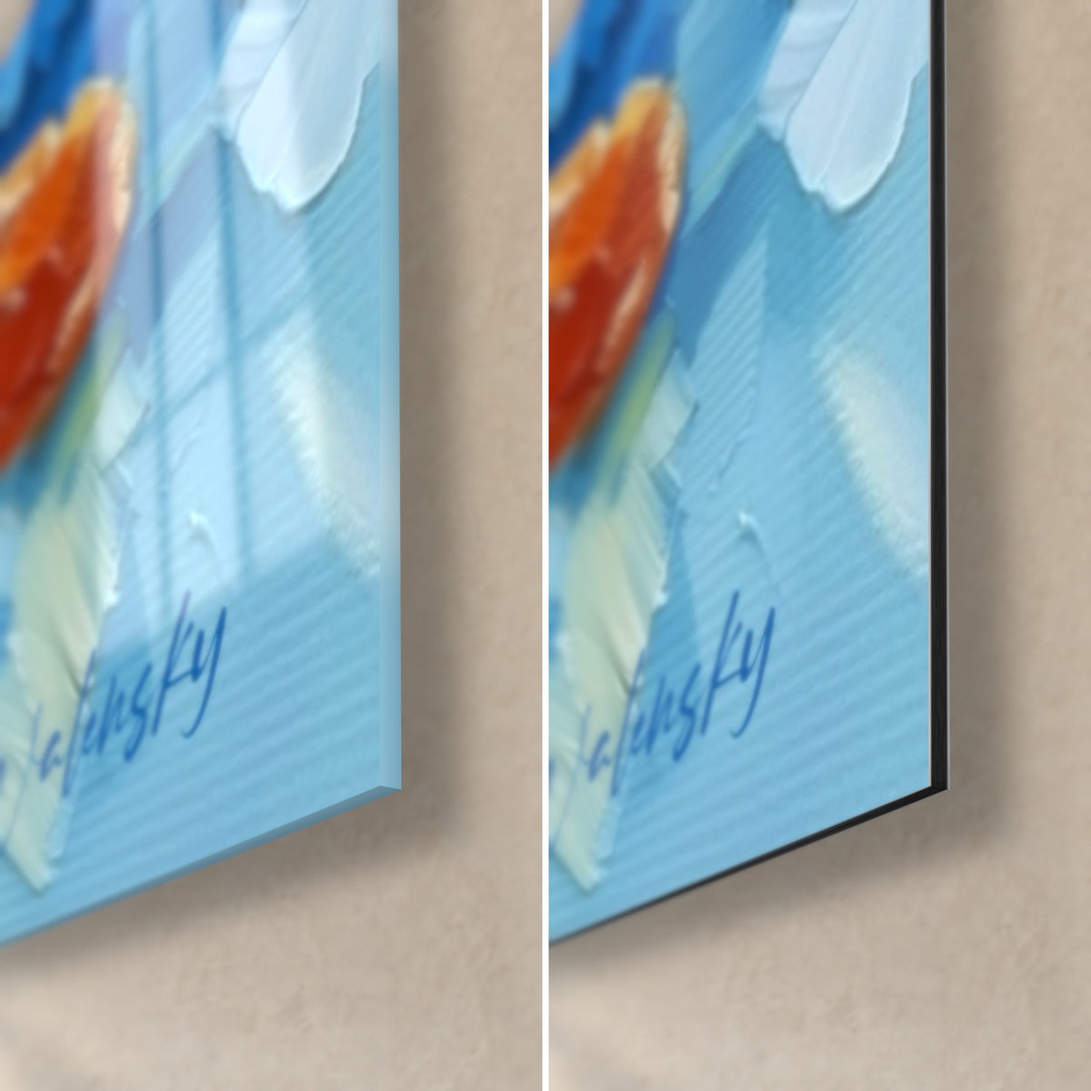 Wall art nigiri salmon in azure blue and creamy white, bottom right corner, glossy glass reflections and matte black 3 mm Dibond
