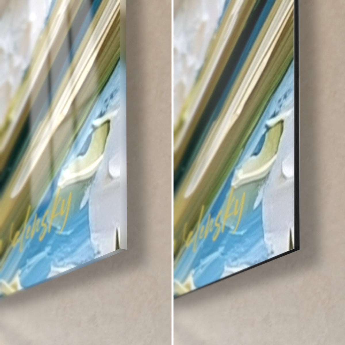 Wall art avocado maki, bottom right corner: glossy acrylic glass on the left, matte Dibond aluminium on the right, 3 mm thick, golden reflections