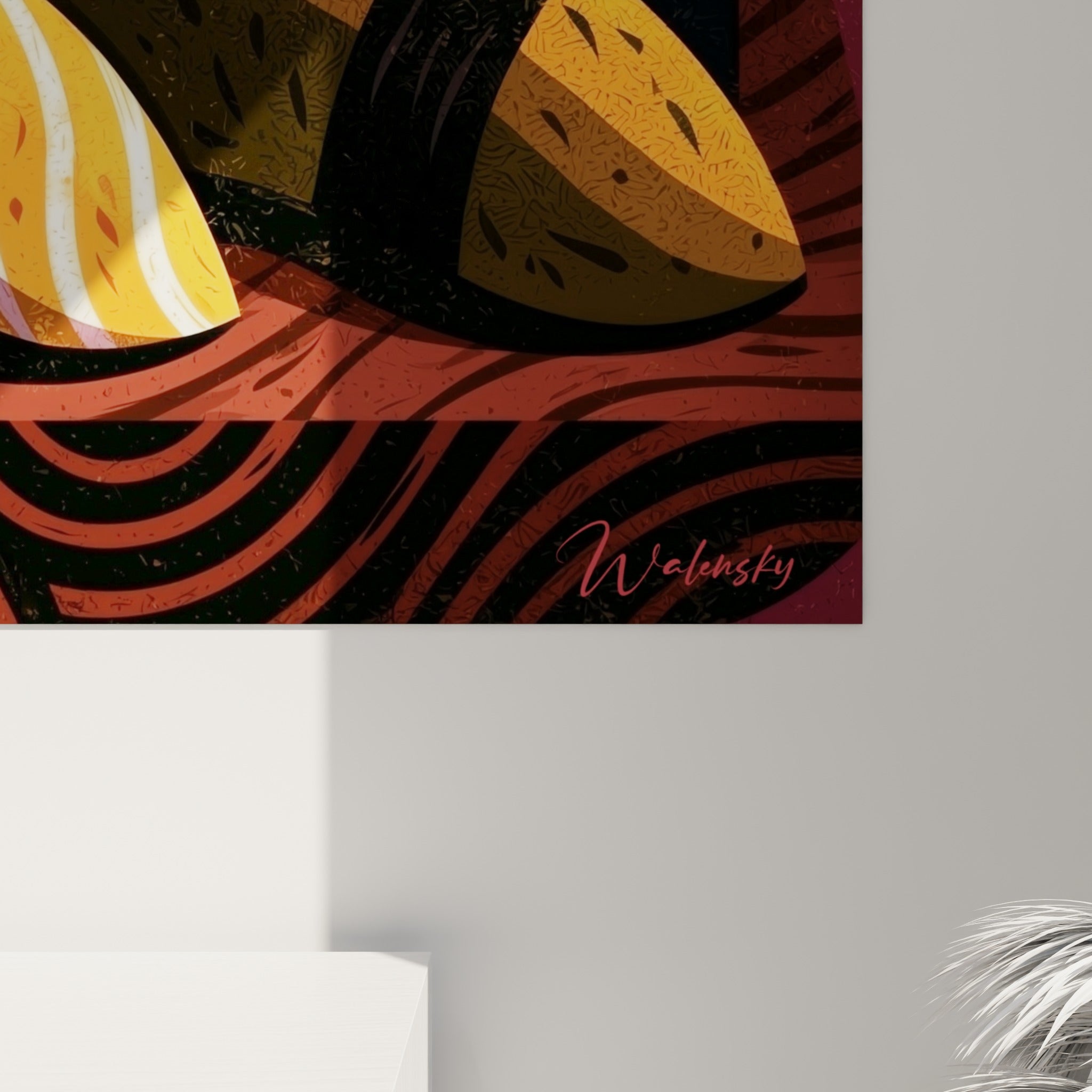 Texture graphique du sushi orange et bordeaux révélant les empâtements et motifs en spirale
