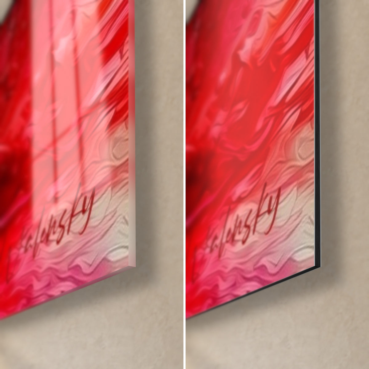 Schilderij scharlakenrode garnaal, rechtsonder hoek: glanzend glas met reflecties links, mat Dibond-aluminium rechts, dikte 3 mm