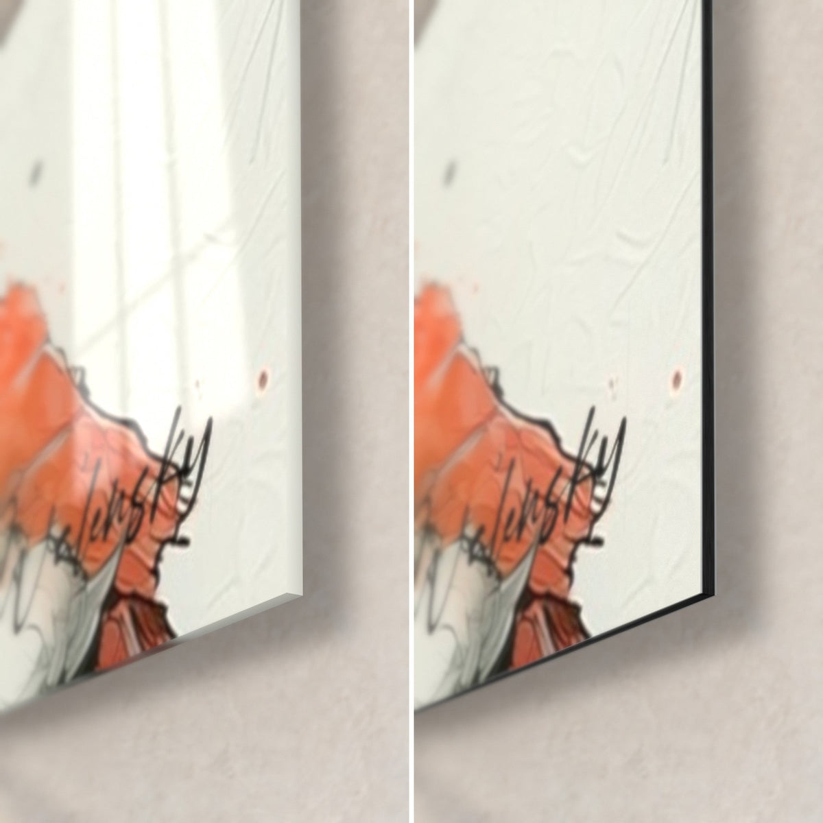 Tableau pile de sushis noir et orange, coin bas droit : verre acrylique brillant à gauche, alu Dibond mat à droite