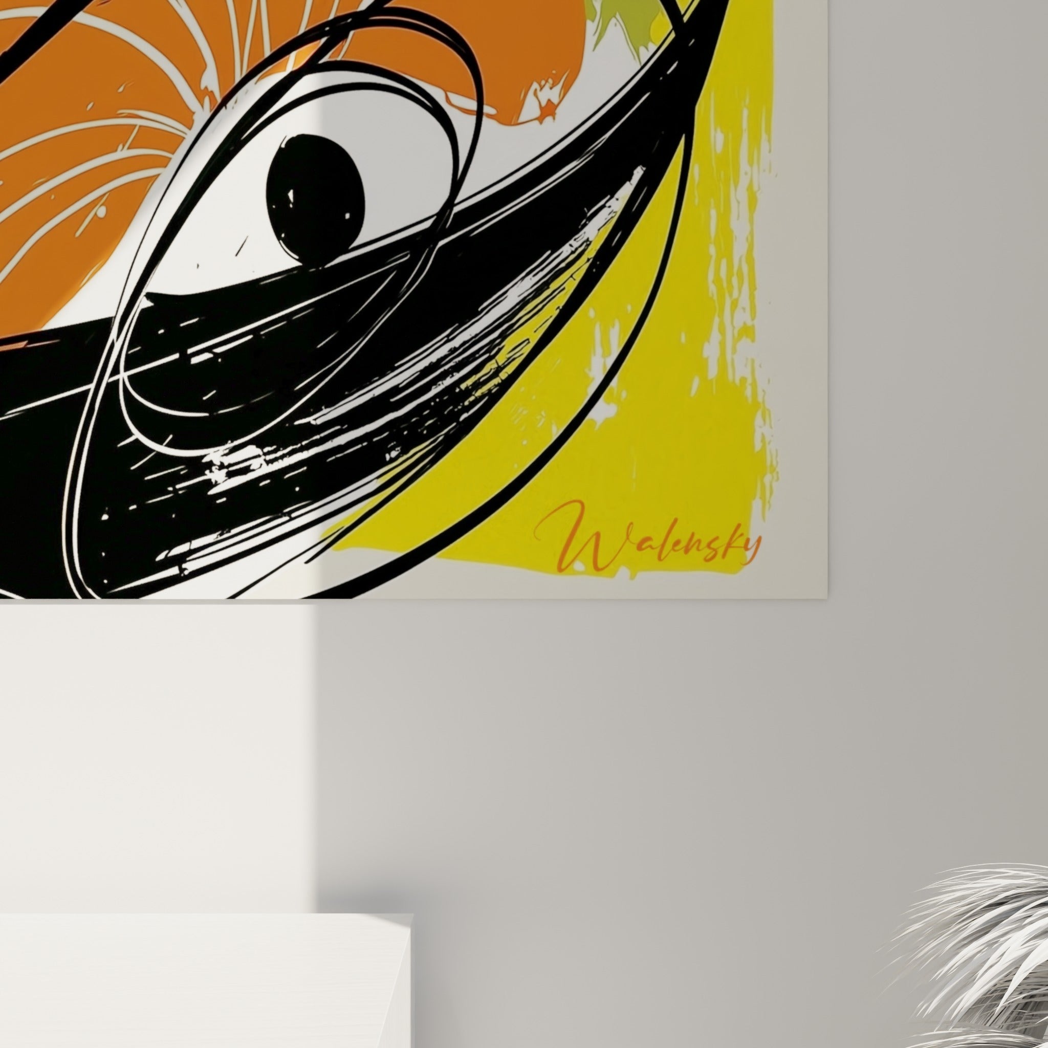Détail des empâtements noirs et éclaboussures rouge et jaune sur la toile du tableau sushi
