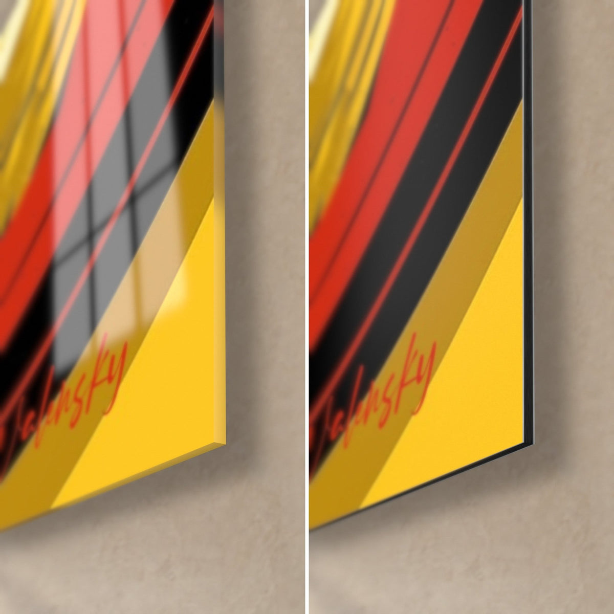 Tableau rouleaux de sushi jaunes et rouges, coin bas droit : verre acrylique brillant à gauche, alu Dibond mat à droite, tranche de 3 mm