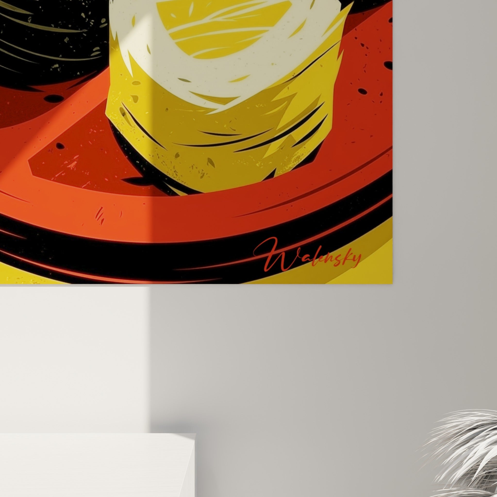 Détail des makis crème et noirs sur fond rouge, textures granuleuses et empâtements visibles de près