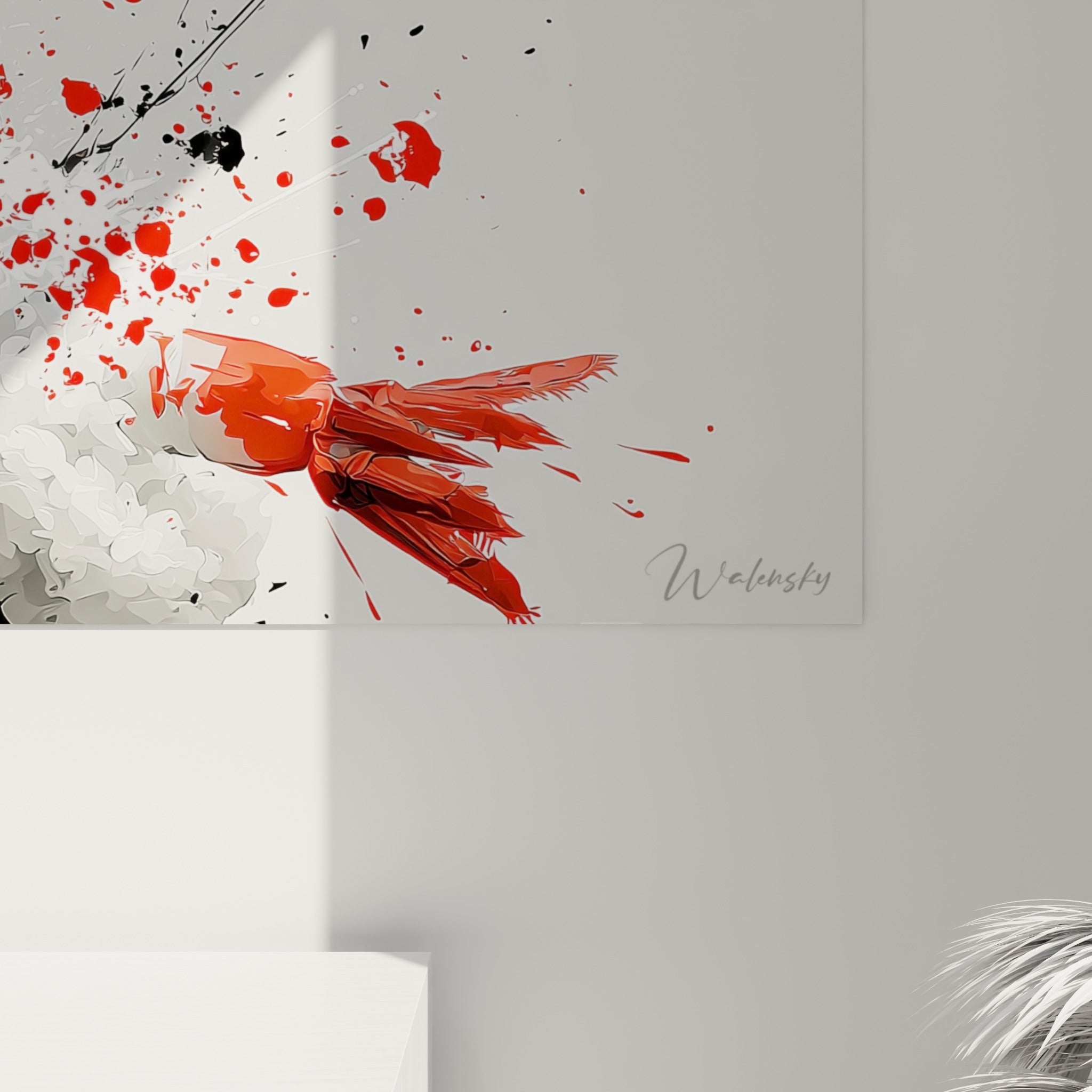Grain de l'encre noire et éclats rouges sur toile, matière granuleuse et coulures visibles de près sur le tableau sushi