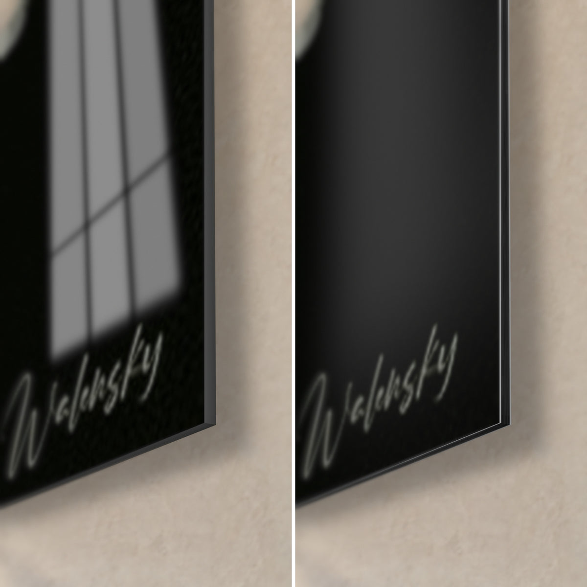 Red and white sushi wall art, bottom right corner: glossy acrylic glass reflecting a window, matte black Dibond, 3 mm edge